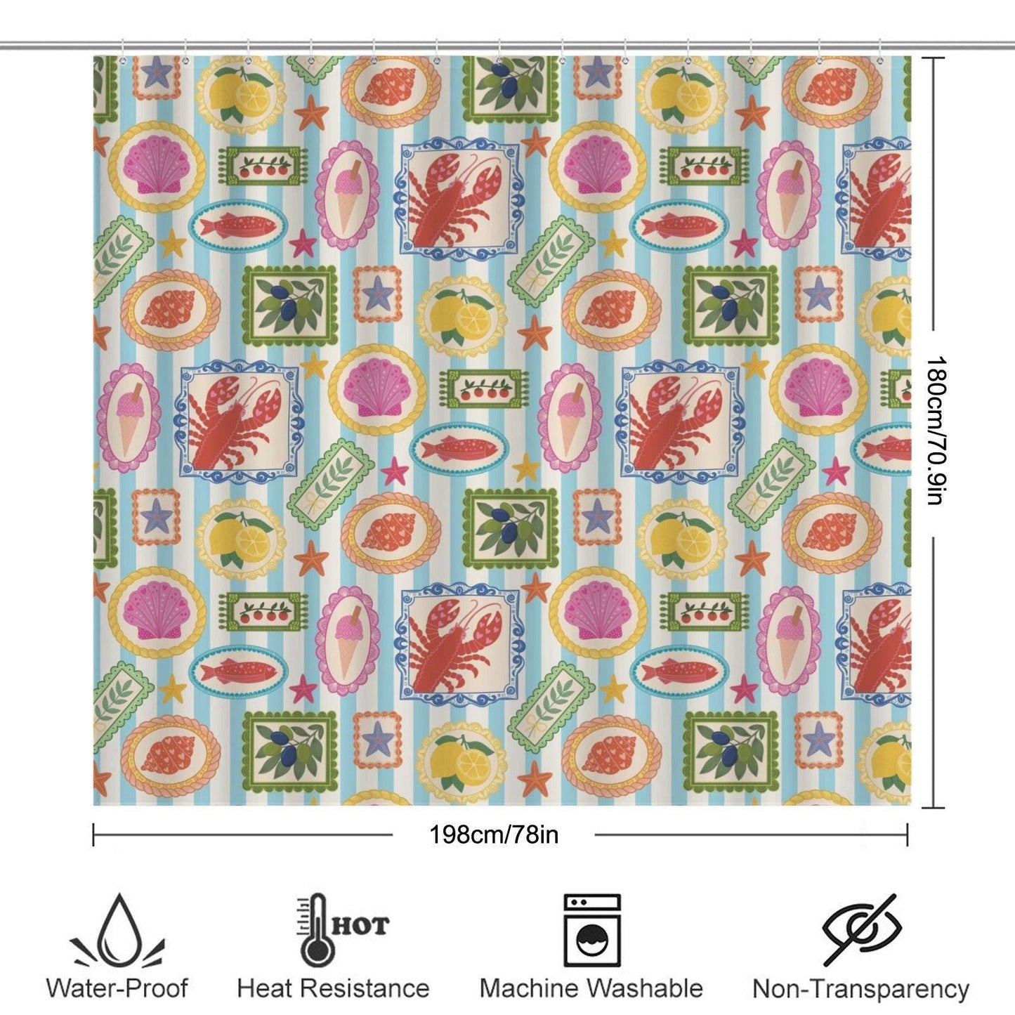 Italian Coastal Shower Curtain, Lobster Lemon Shell Mediterranean Tile Bath Decor