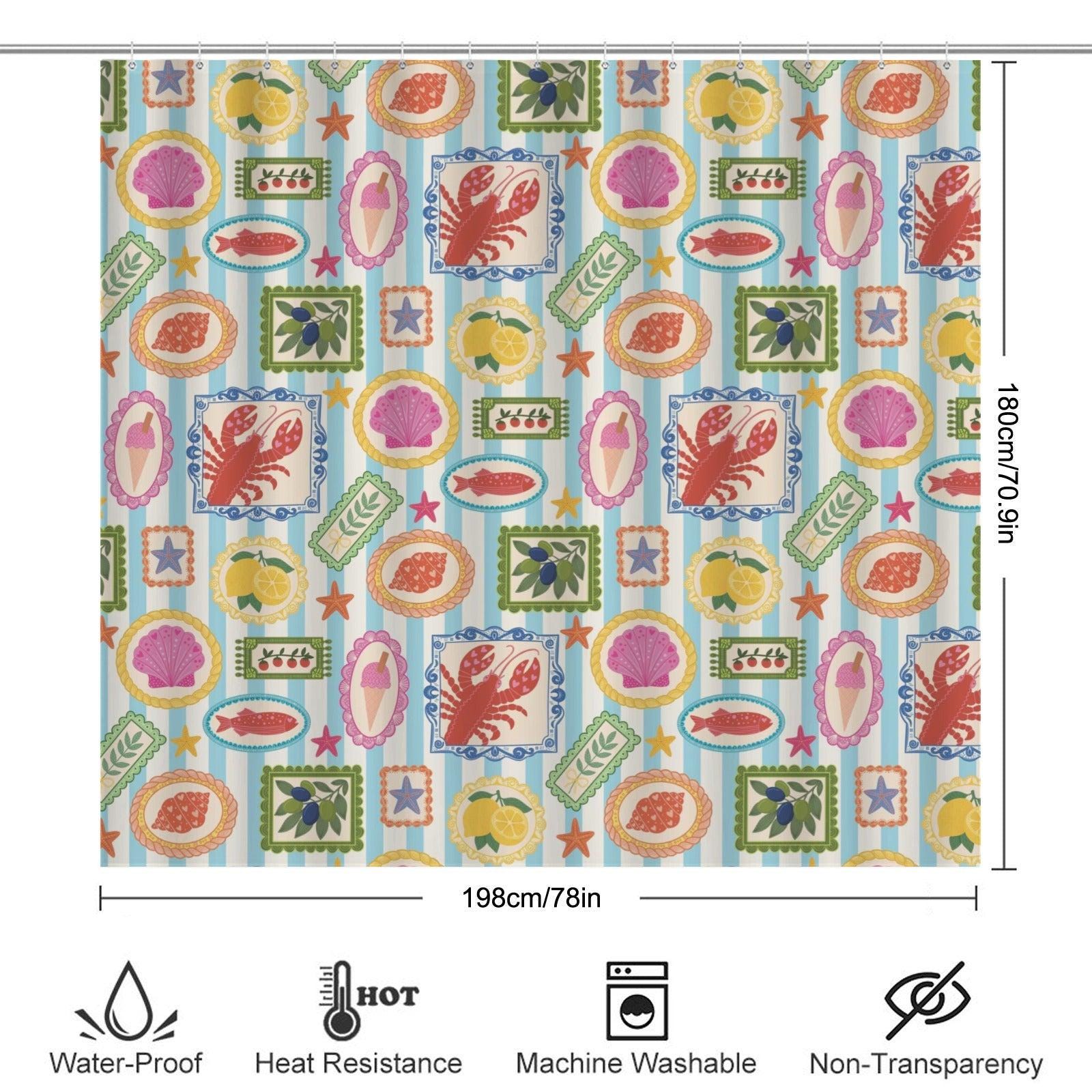 Italian Coastal Shower Curtain, Lobster Lemon Shell Mediterranean Tile Bath Decor