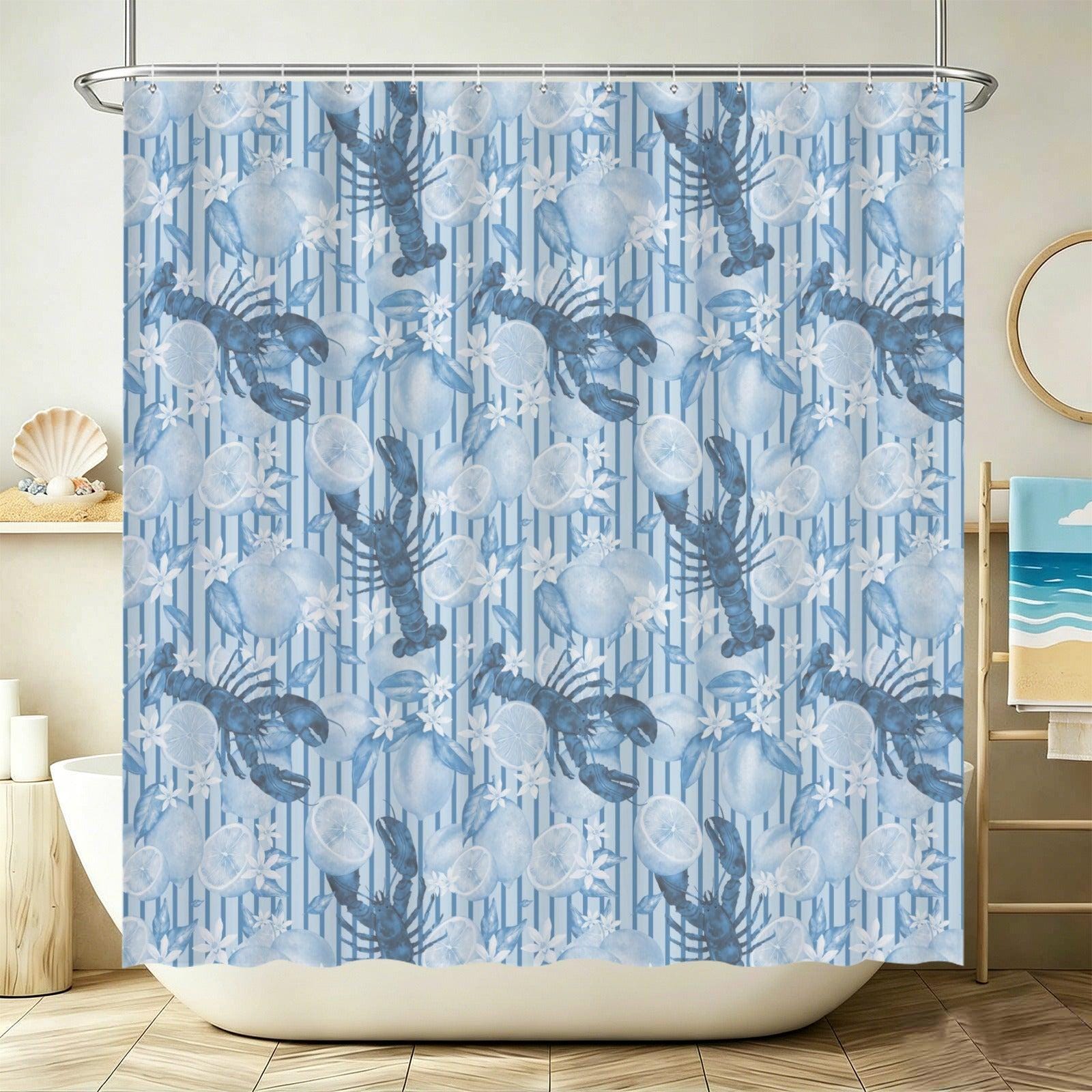 Blue Lobster Lemon Shower Curtain, Coastal Citrus Bathroom Decor, Amalfi Stripe Ocean Print