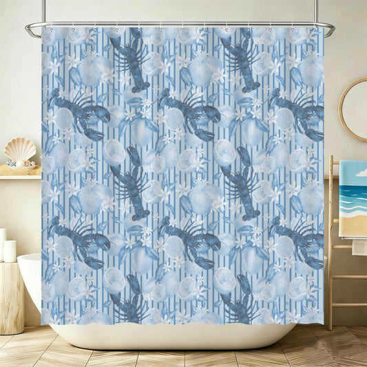 Blue Lobster Lemon Shower Curtain, Coastal Citrus Bathroom Decor, Amalfi Stripe Ocean Print