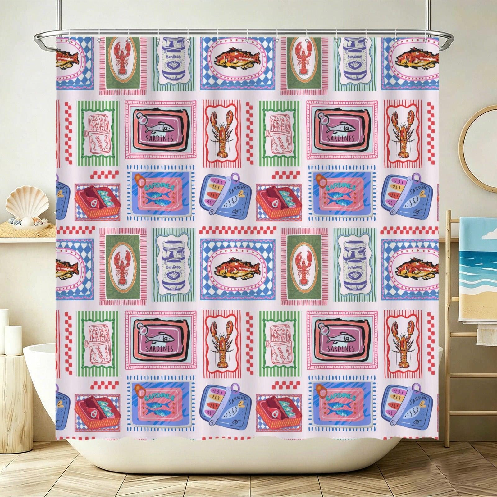 Sardine Lobster Fish Shower Curtain, Coastal Seafood Bathroom Decor