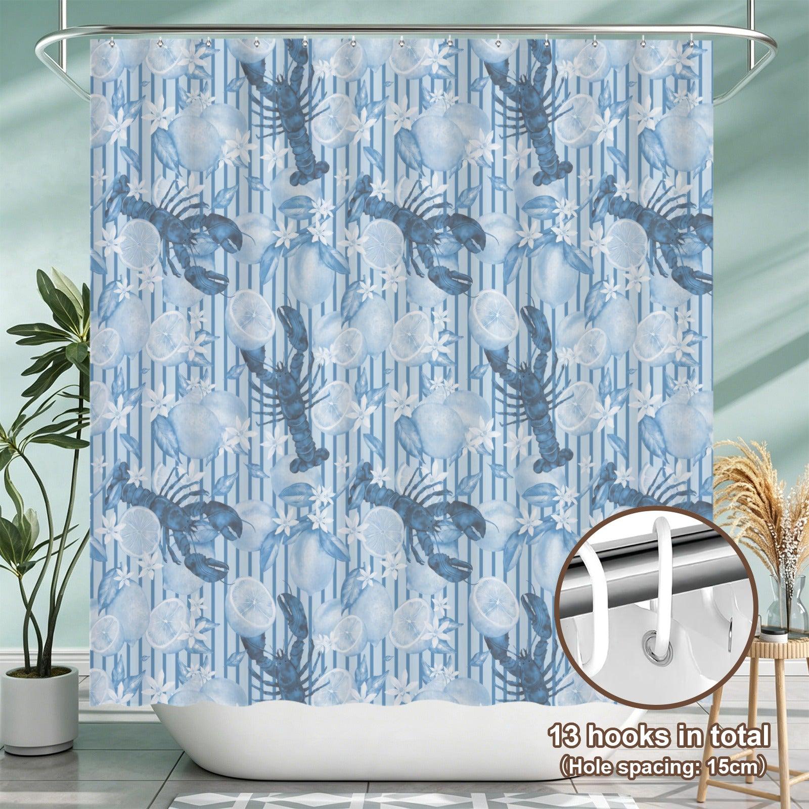 Blue Lobster Lemon Shower Curtain, Coastal Citrus Bathroom Decor, Amalfi Stripe Ocean Print