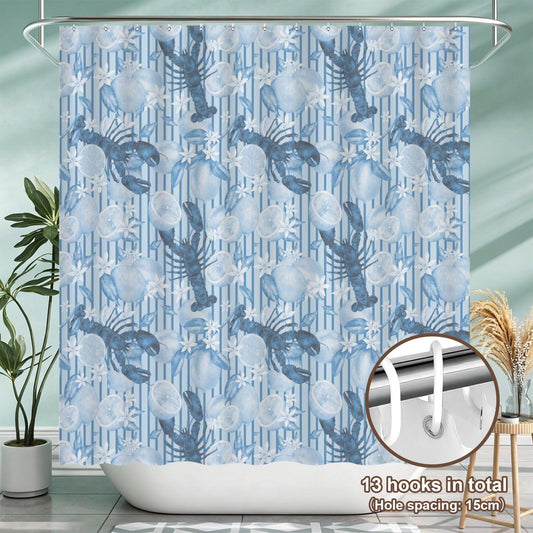 Blue Lobster Lemon Shower Curtain, Coastal Citrus Bathroom Decor, Amalfi Stripe Ocean Print