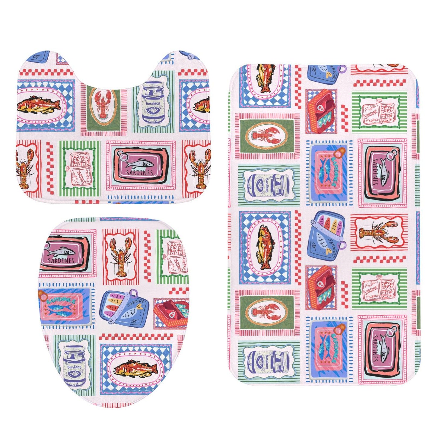 Fish Market Bath Rug Set, Sardine Tin Bathroom Mat Trio, Lobster Toilet Cover