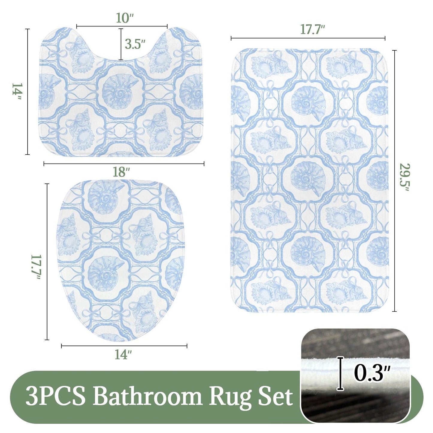 Coastal Seashell Bathroom Rug Set, Blue Beach Cottage Bath Mats (3-Piece)