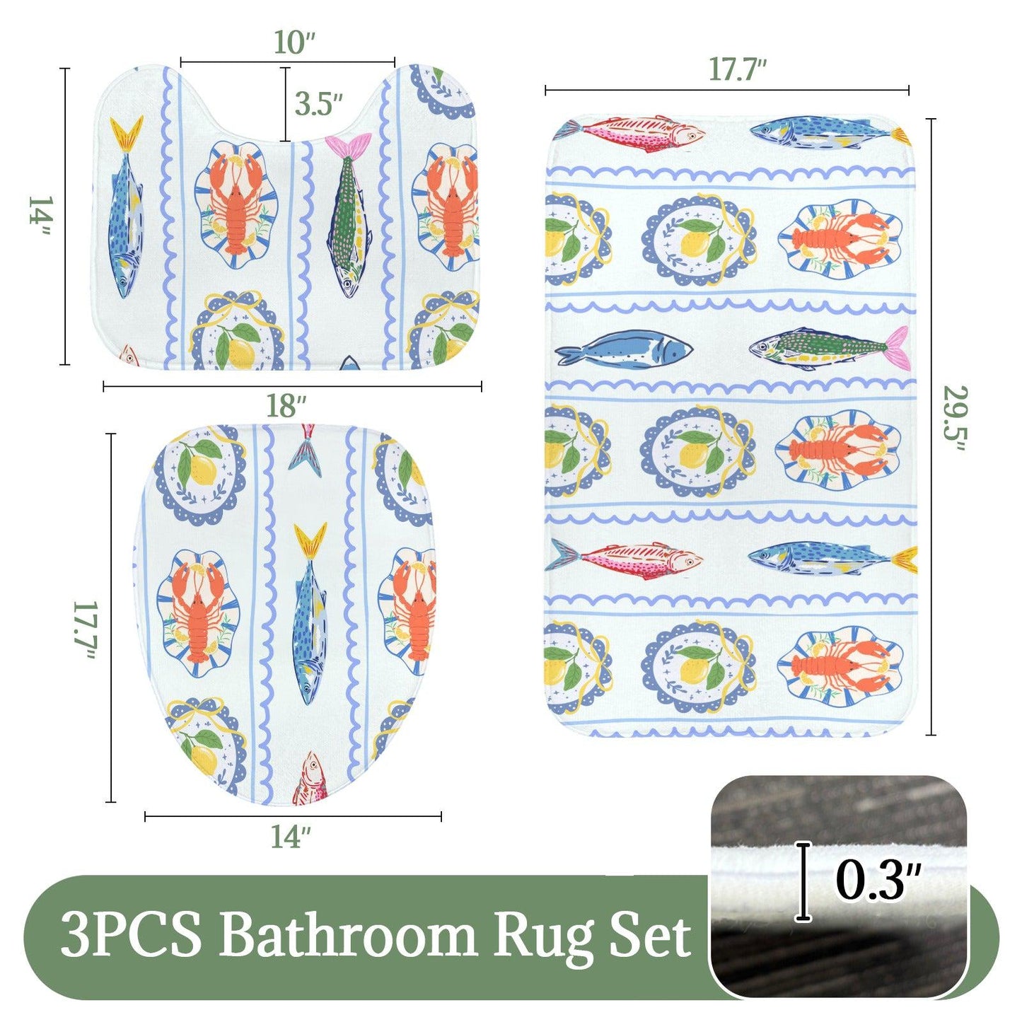 Coastal Seafood Bathroom Rug Set, Lobster Fish Lemon Beach House Decor