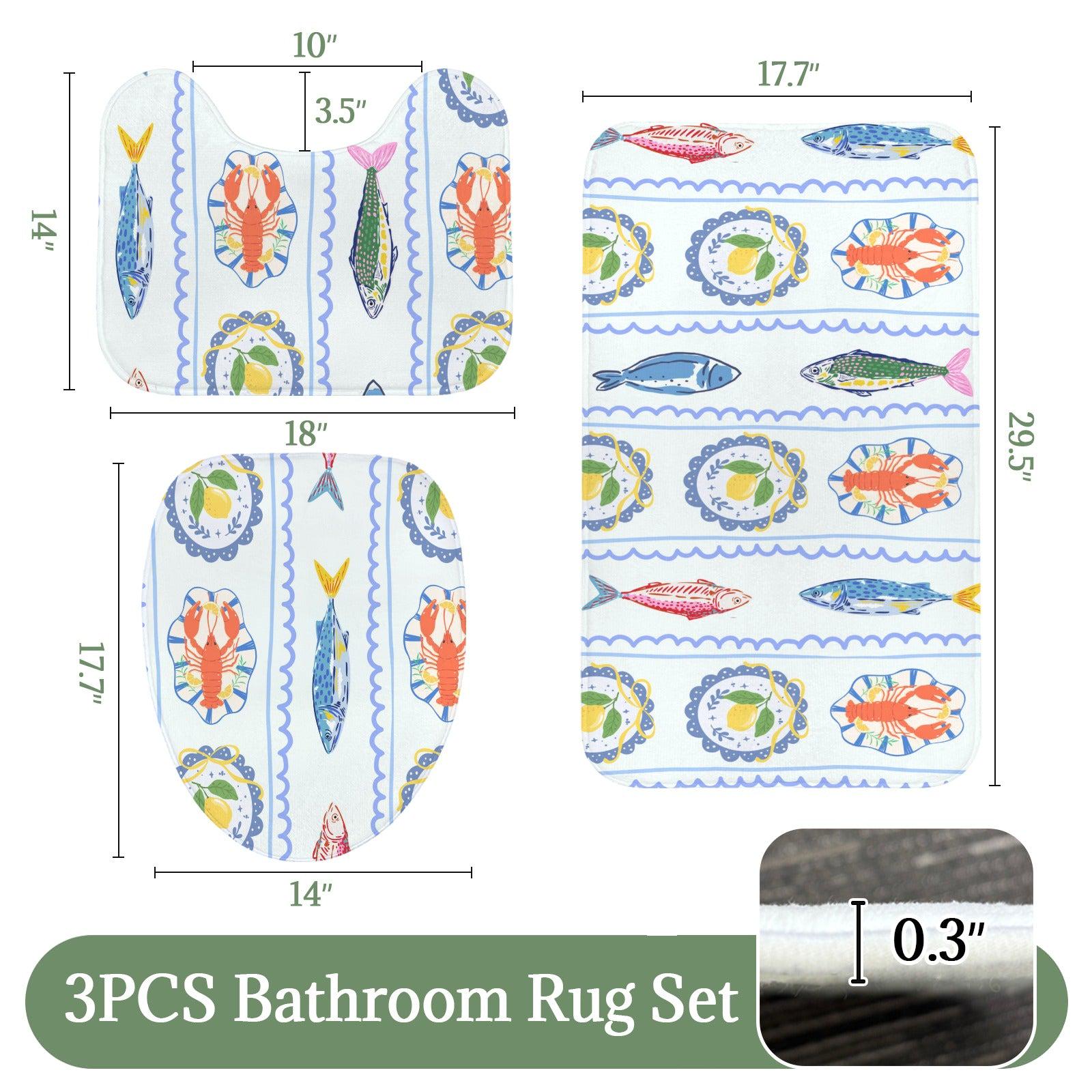Coastal Seafood Bathroom Rug Set, Lobster Fish Lemon Beach House Decor