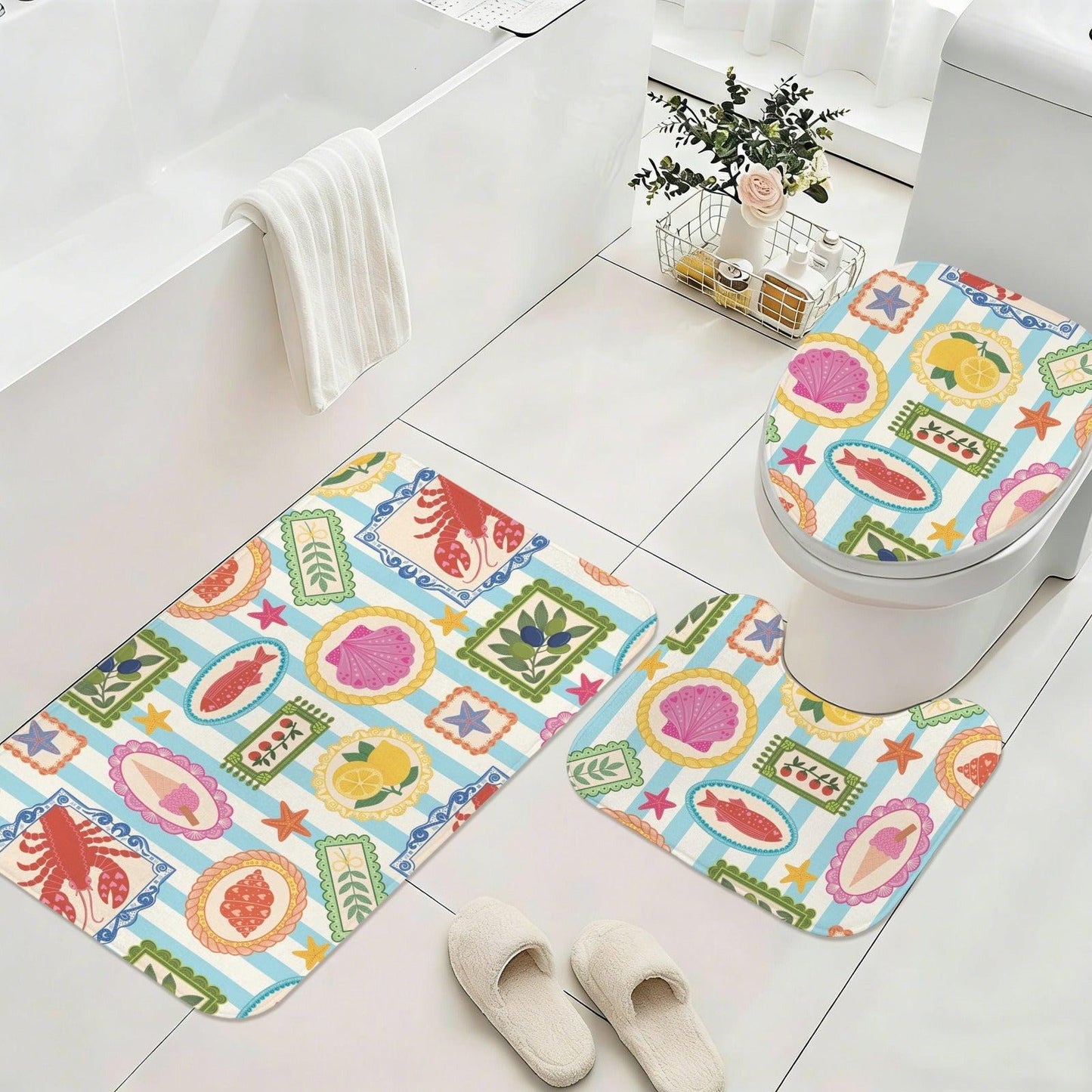 Mediterranean Bath Mat Set, Amalfi Lemon Seashell Rug Trio, Lobster Toilet Cover