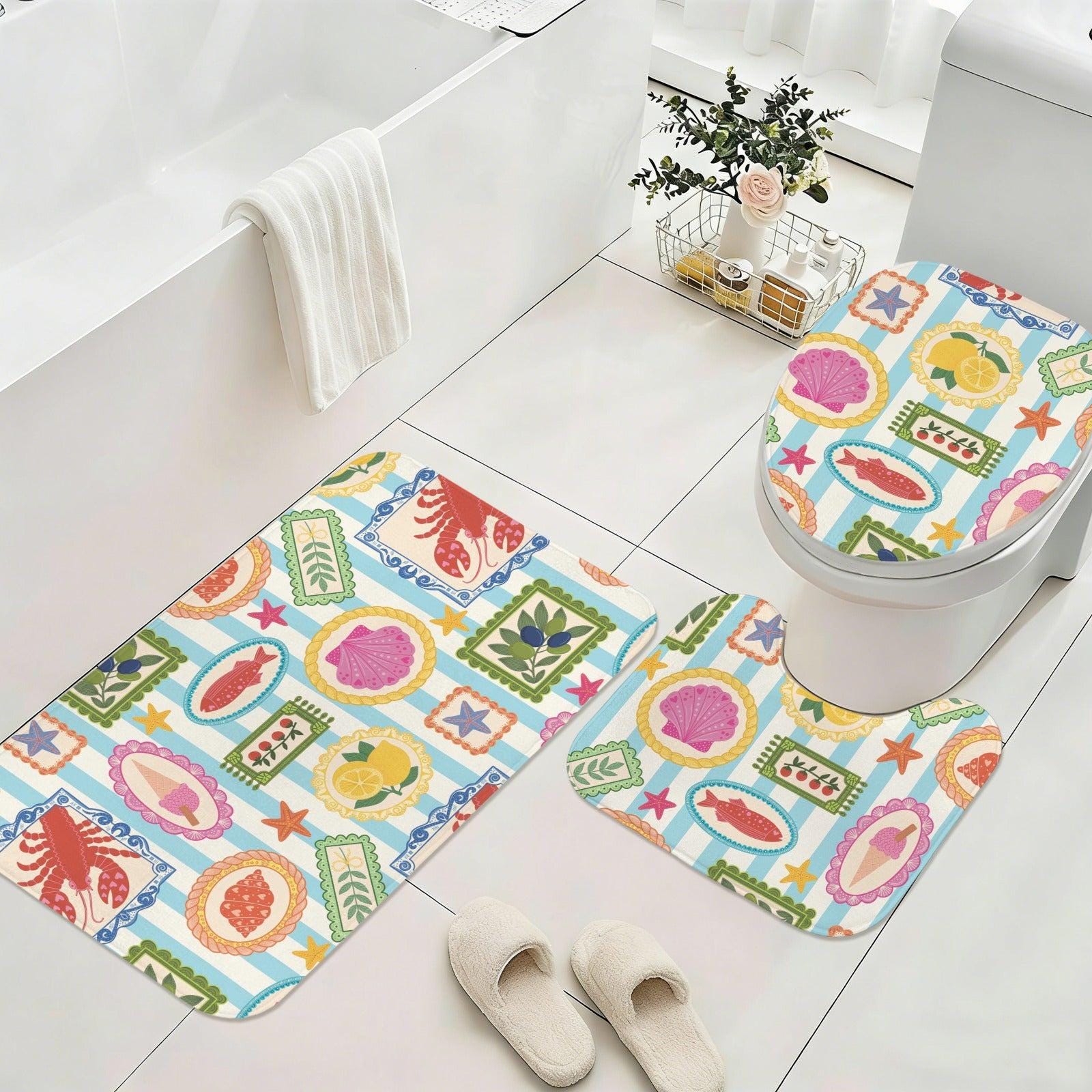 Mediterranean Bath Mat Set, Amalfi Lemon Seashell Rug Trio, Lobster Toilet Cover