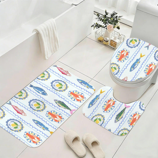Coastal Seafood Bathroom Rug Set, Lobster Fish Lemon Beach House Decor