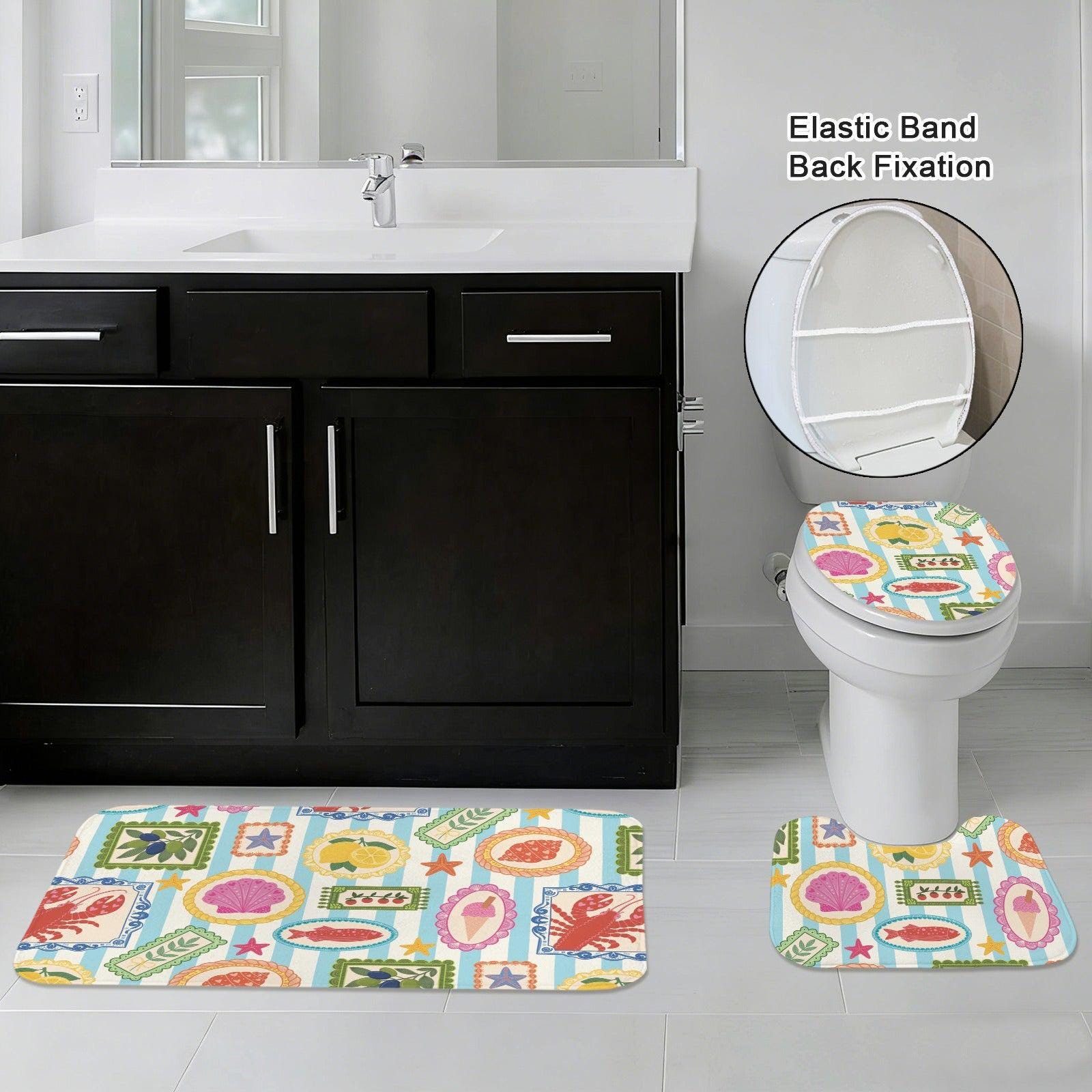 Mediterranean Bath Mat Set, Amalfi Lemon Seashell Rug Trio, Lobster Toilet Cover