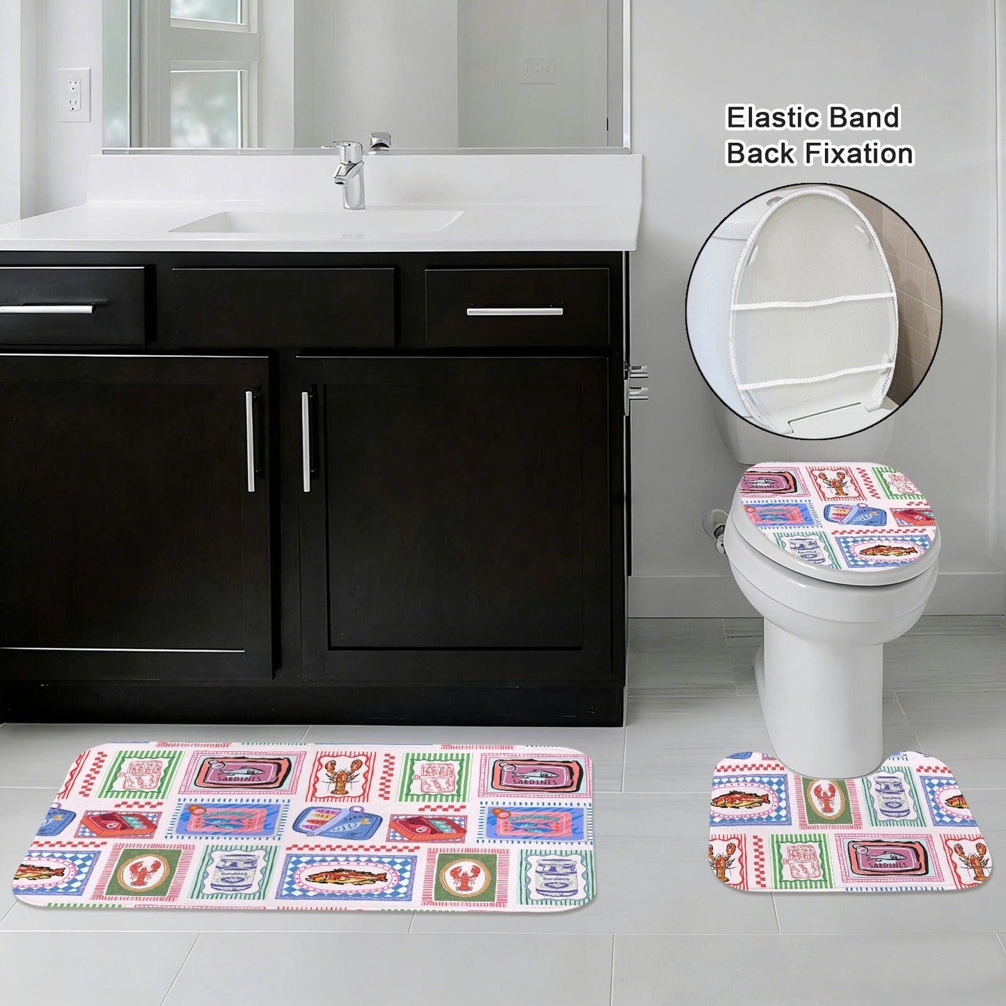Fish Market Bath Rug Set, Sardine Tin Bathroom Mat Trio, Lobster Toilet Cover
