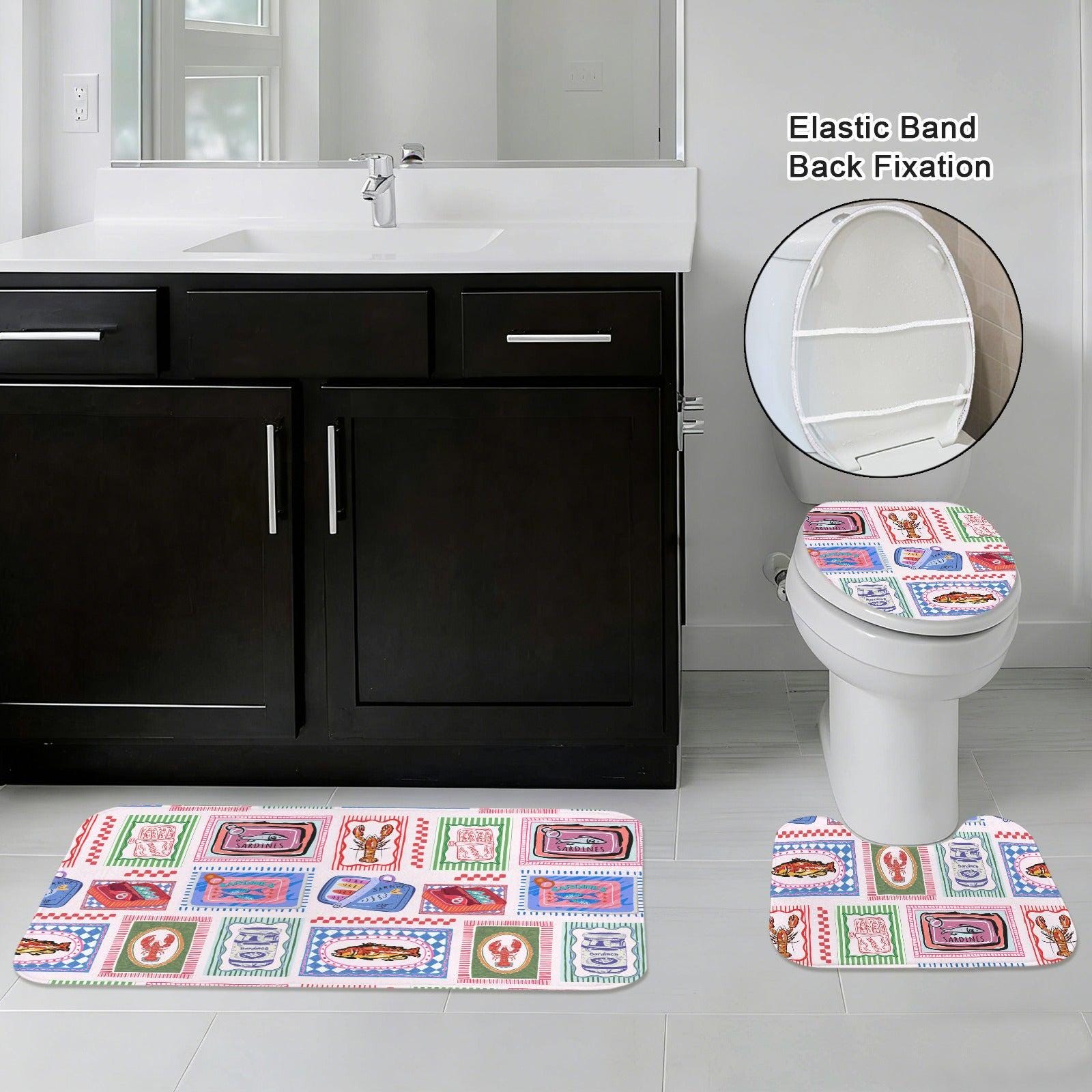 Fish Market Bath Rug Set, Sardine Tin Bathroom Mat Trio, Lobster Toilet Cover