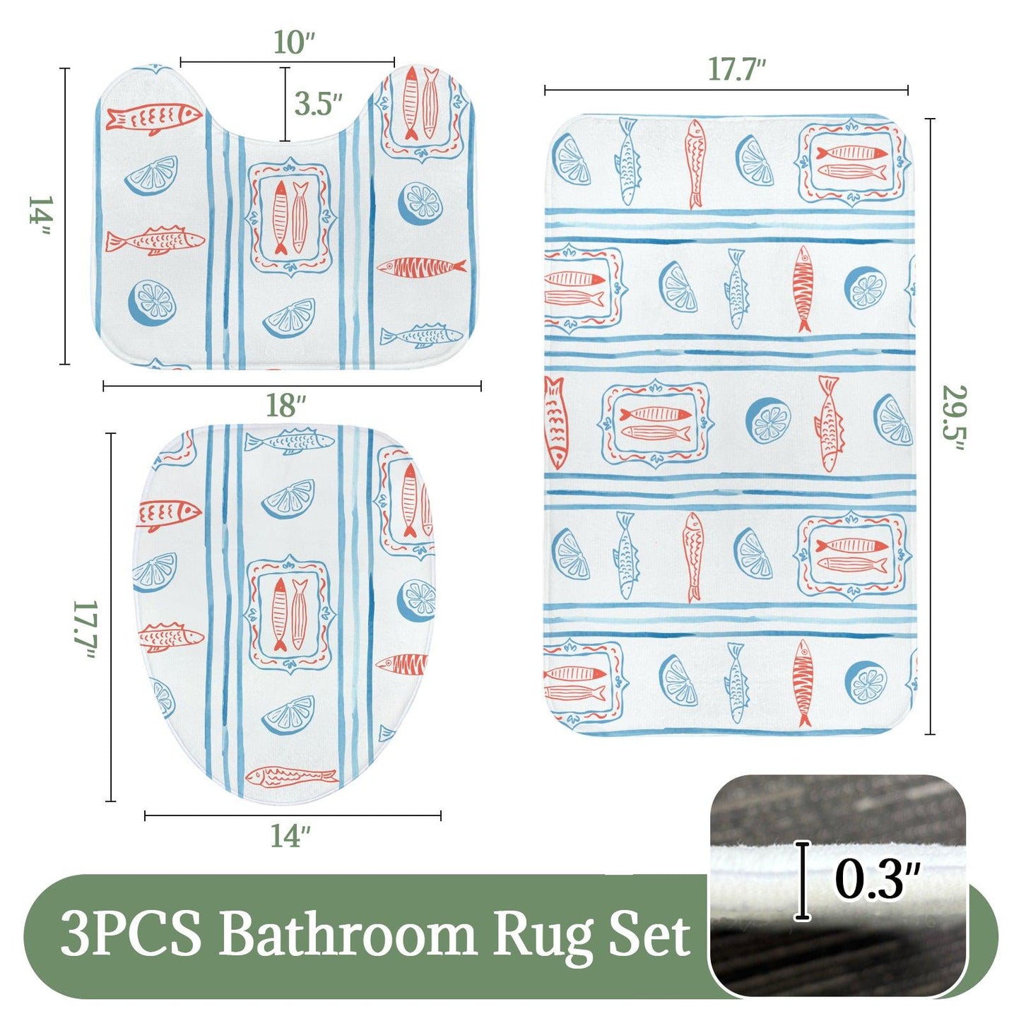 Mediterranean Bath Mat Set, Sardine Lemon Stripe Coastal Bathroom Rug, Beach Apartment Decor