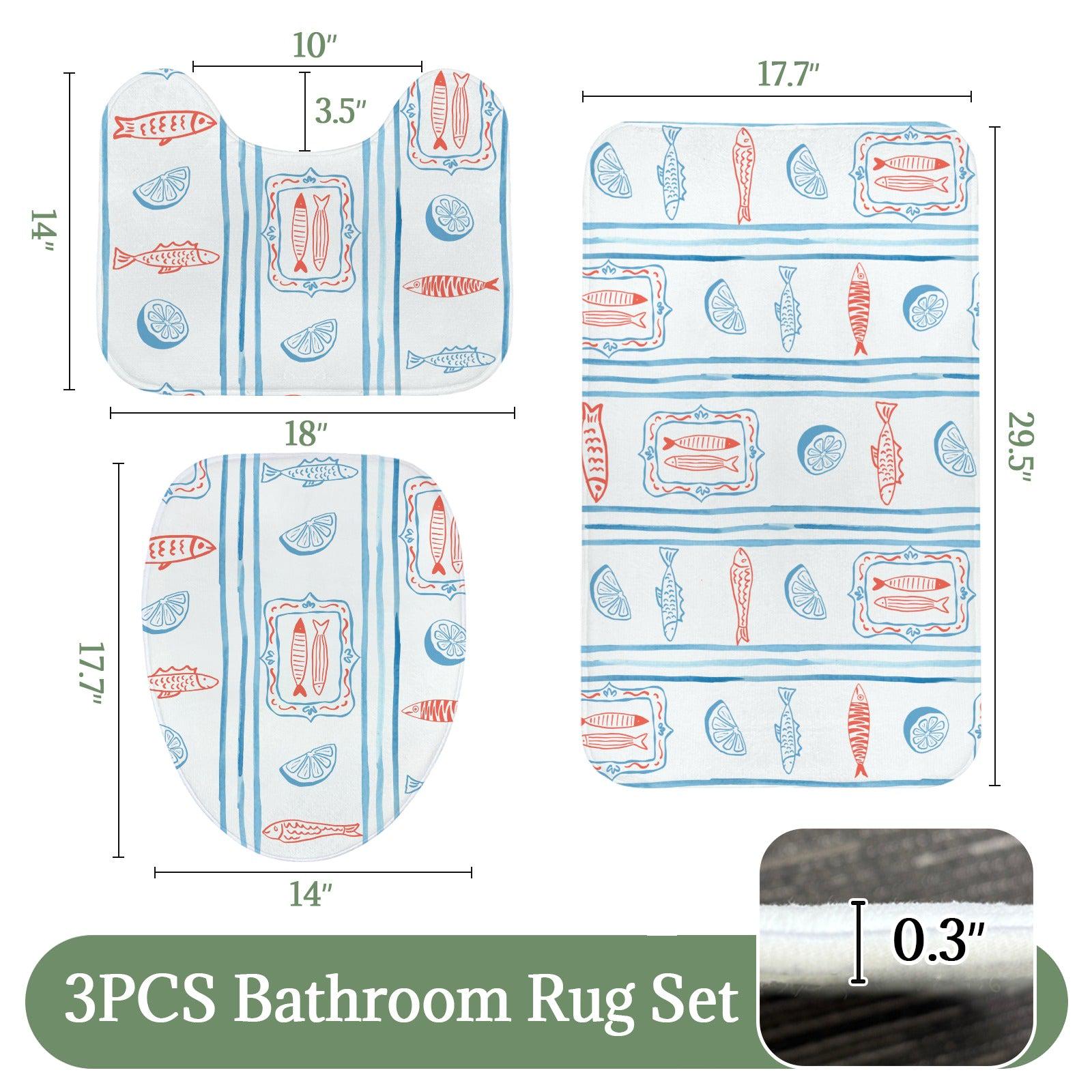 Mediterranean Bath Mat Set, Sardine Lemon Stripe Coastal Bathroom Rug, Beach Apartment Decor