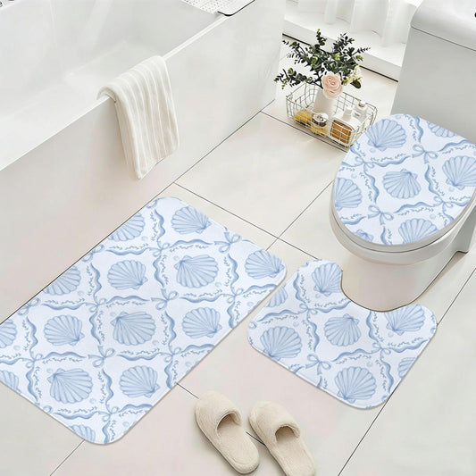 Seashell Bow Bathroom Rug Set, Coastal Coquette Mat Decor