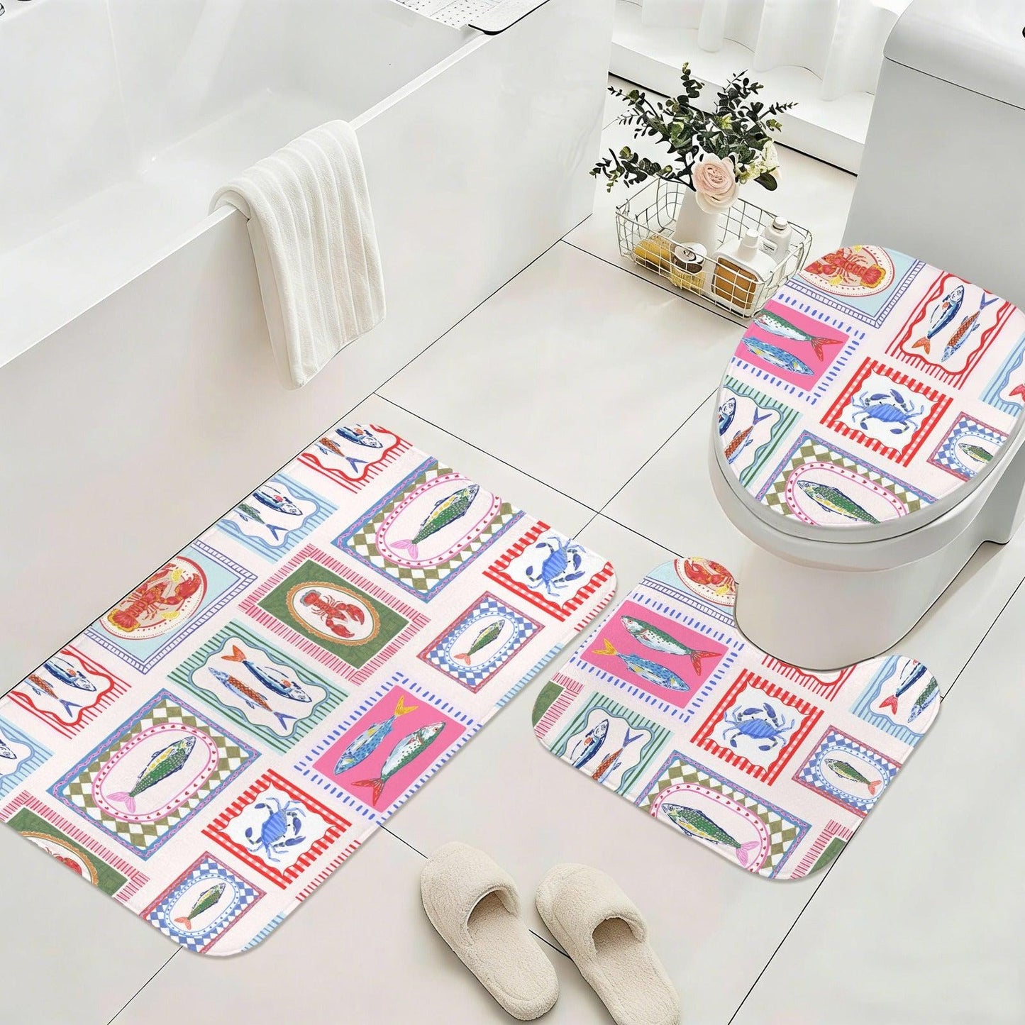 Coastal Bath Mat Set, Fish Lobster Crab Print, Nautical Bathroom Rug, Beach House Decor