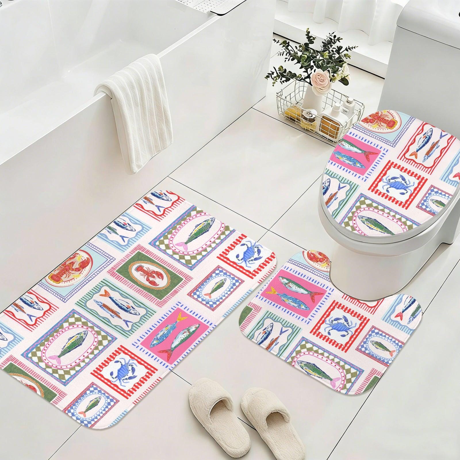 Coastal Bath Mat Set, Fish Lobster Crab Print, Nautical Bathroom Rug, Beach House Decor