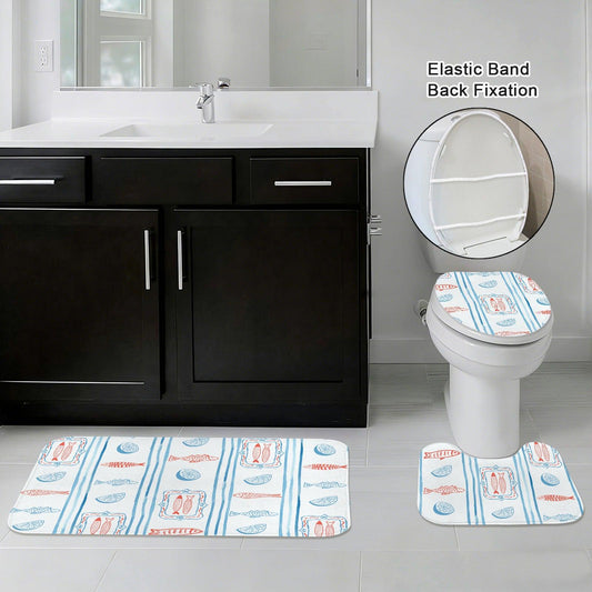 Mediterranean Bath Mat Set, Sardine Lemon Stripe Coastal Bathroom Rug, Beach Apartment Decor