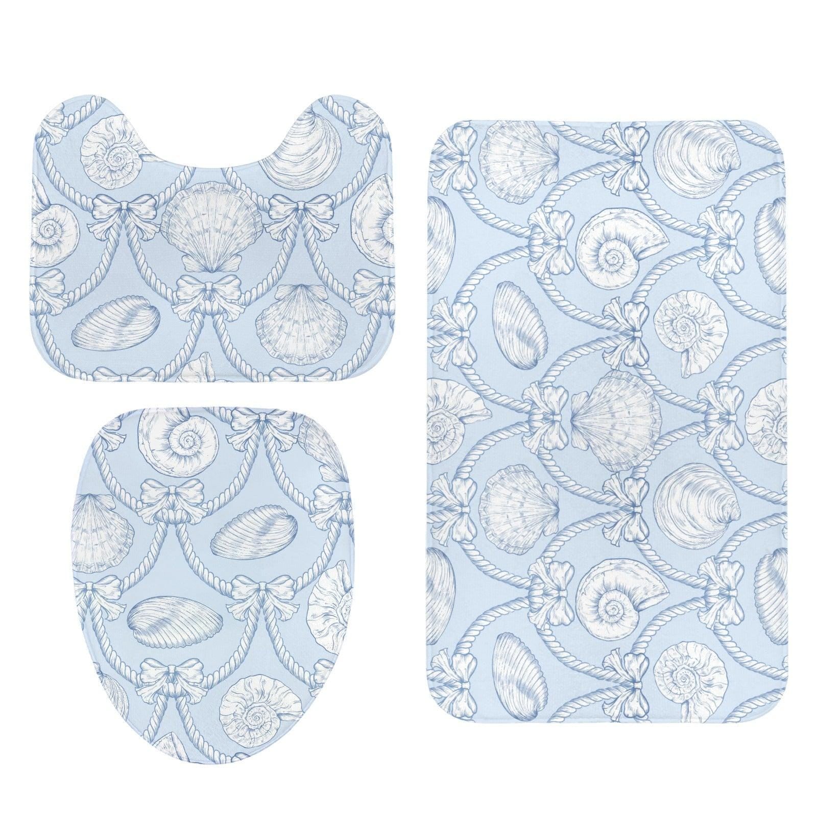 Seashell Bath Mat Set, Coastal Rope Bow Bathroom Rug, Nautical Toilet Contour Mat