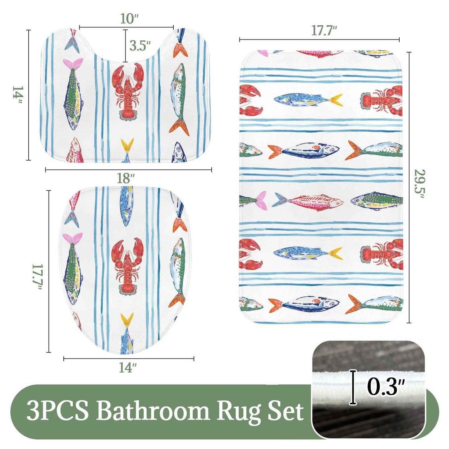 Striped Lobster Fish Bathroom Mat Set, Coastal Seafood Bath Decor Rugs