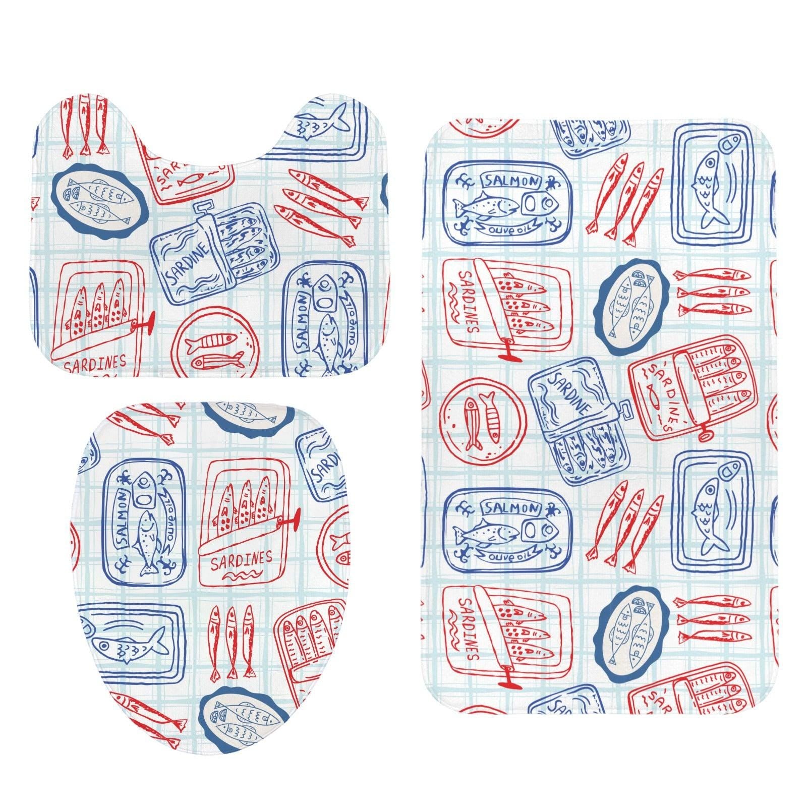 Tinned Fish Sardine Bath Mat Set, Coastal Nautical Bathroom Decor, Red Blue Seafood Print