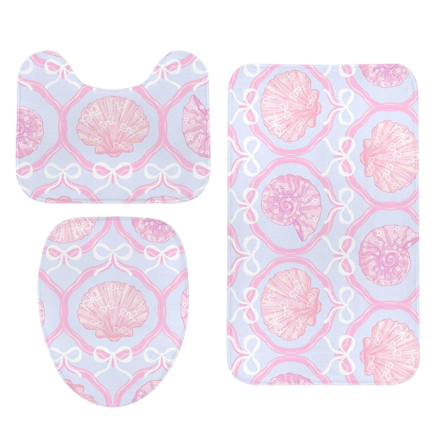 111Seashell Bath Mat Set, Pink Coquette Bathroom Rug With Toilet Lid Cover, Pastel Bow Shell Decor, Mermaidcore Powder Room Accent