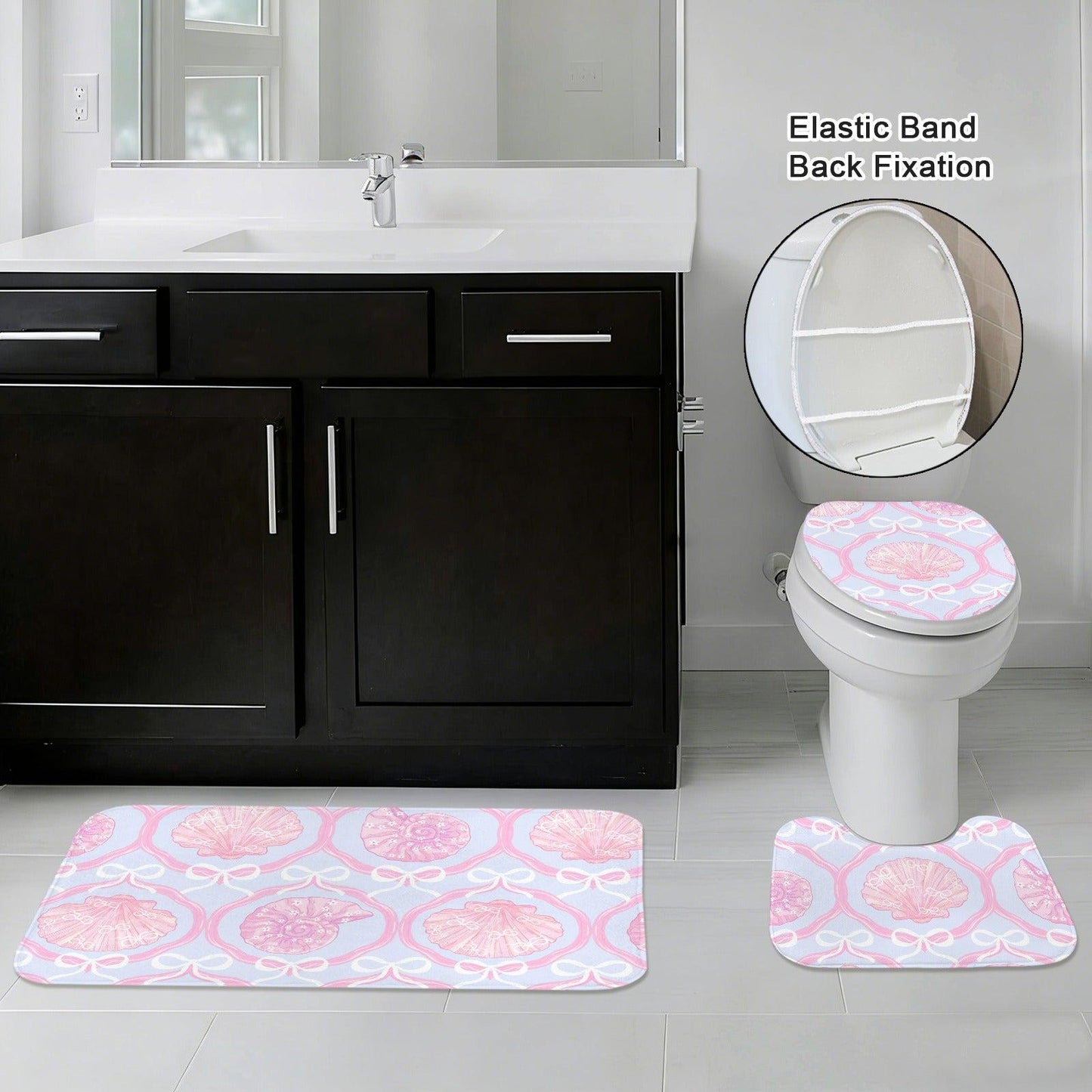 111Seashell Bath Mat Set, Pink Coquette Bathroom Rug With Toilet Lid Cover, Pastel Bow Shell Decor, Mermaidcore Powder Room Accent