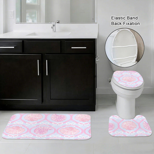 111Seashell Bath Mat Set, Pink Coquette Bathroom Rug With Toilet Lid Cover, Pastel Bow Shell Decor, Mermaidcore Powder Room Accent