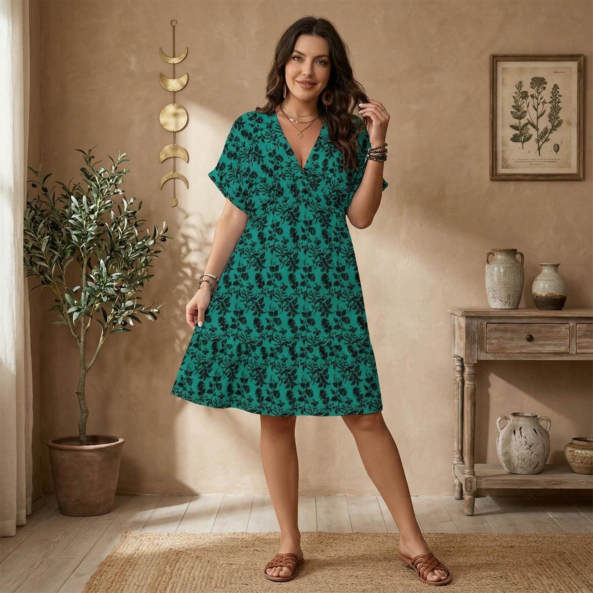 Teal Damask Mini Dress, Vintage Inspired V-Neck, Boho Short Sleeve Sundress