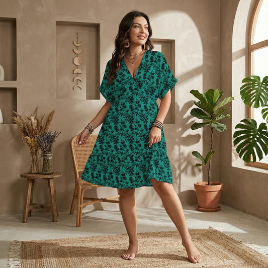 Teal Damask Mini Dress, Vintage Inspired V-Neck, Boho Short Sleeve Sundress