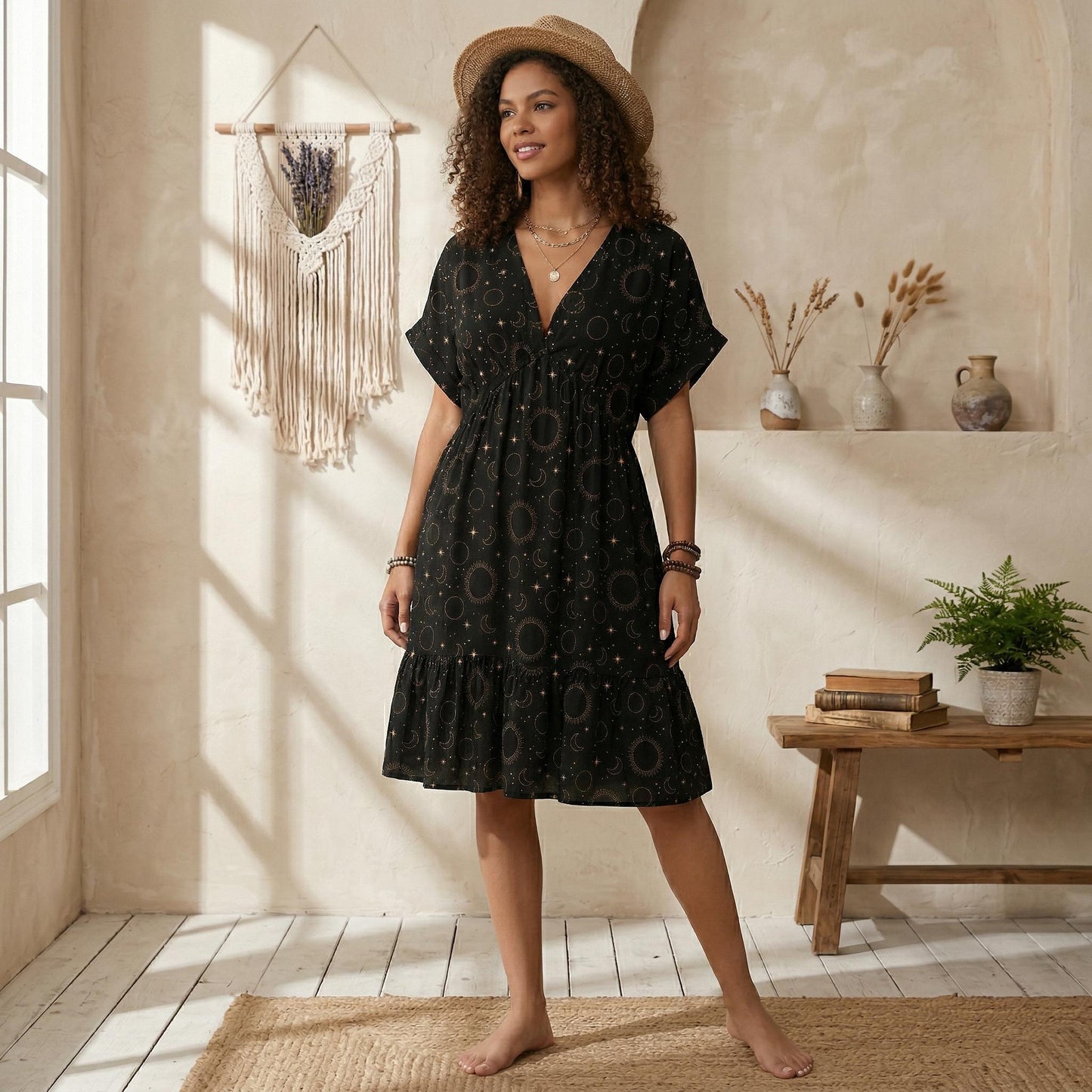 Black Celestial Moon Phase Babydoll Mini Dress, Astrology V Neck Sundress