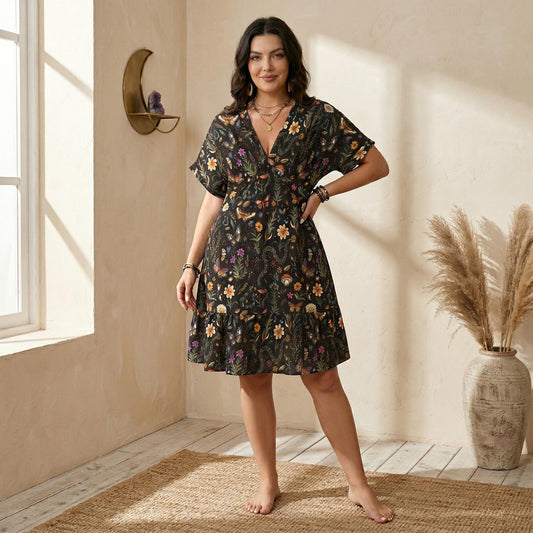 Dark Cottagecore Dress, Butterfly Snake Mushroom Floral Print Mini, Boho V Neck Sundress