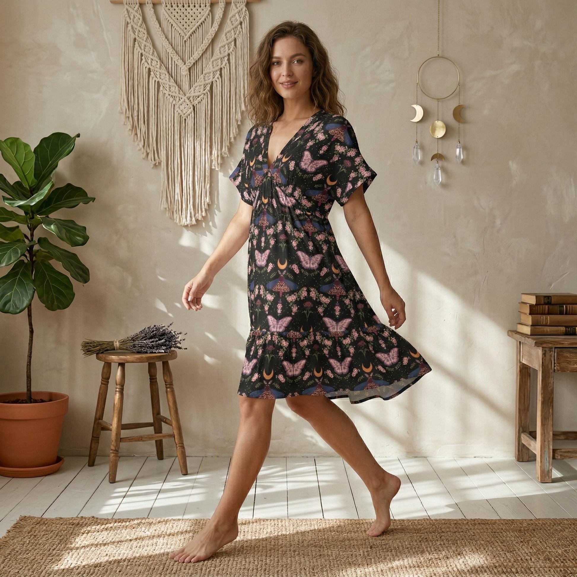 Boho Moth Dress, Moon Butterfly Floral Midi Dress, V Neck Festival Outfit for Women