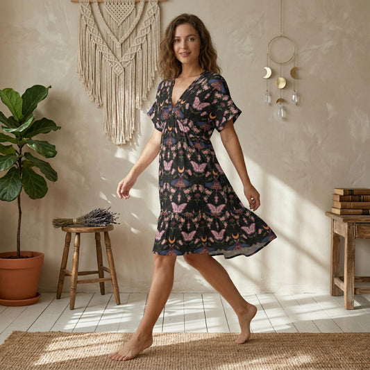 Boho Moth Dress, Moon Butterfly Floral Midi Dress, V Neck Festival Outfit for Women