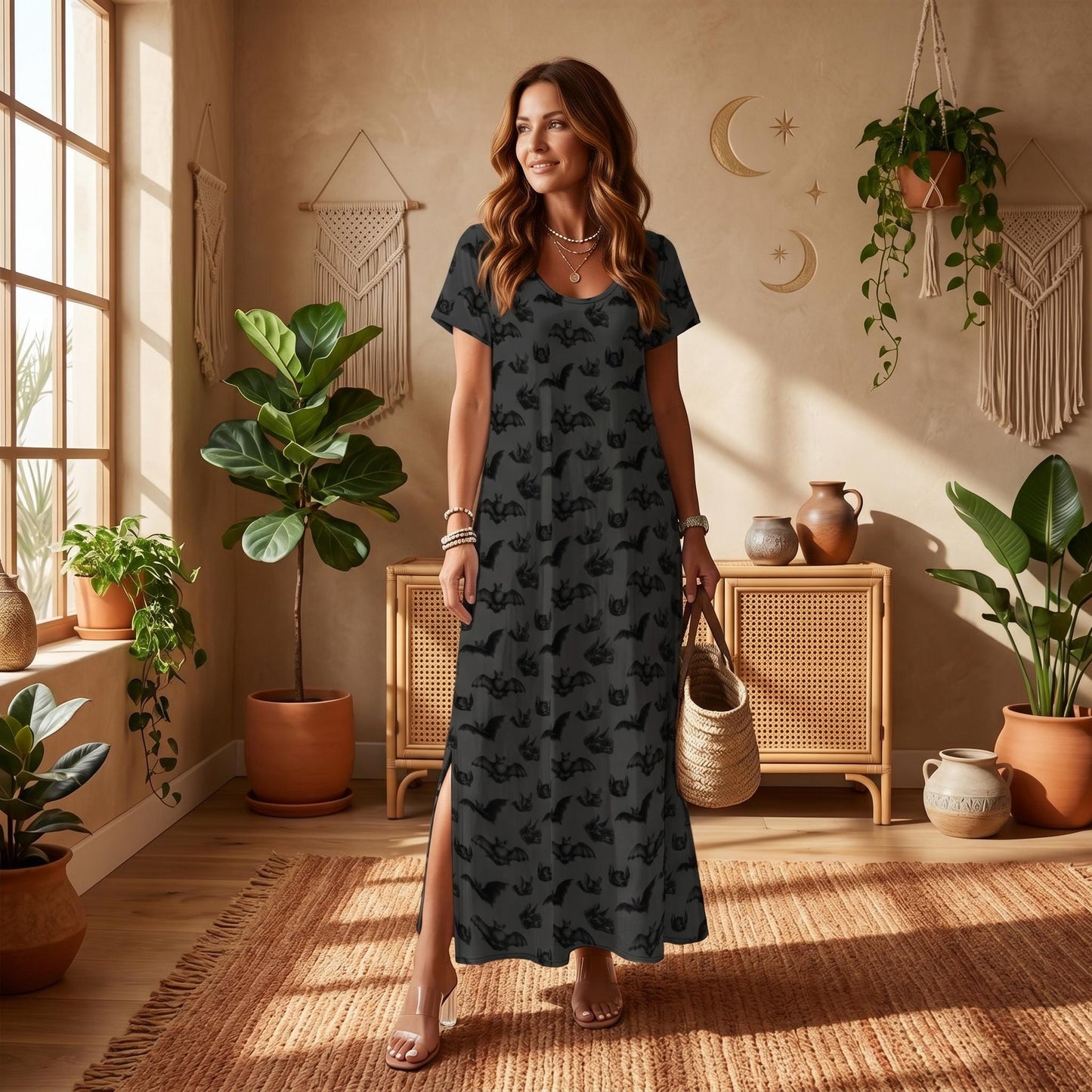 Charcoal Bat Print Maxi Dress, Spooky Halloween Fall Outfit
