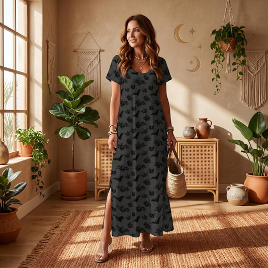 Charcoal Bat Print Maxi Dress, Spooky Halloween Fall Outfit