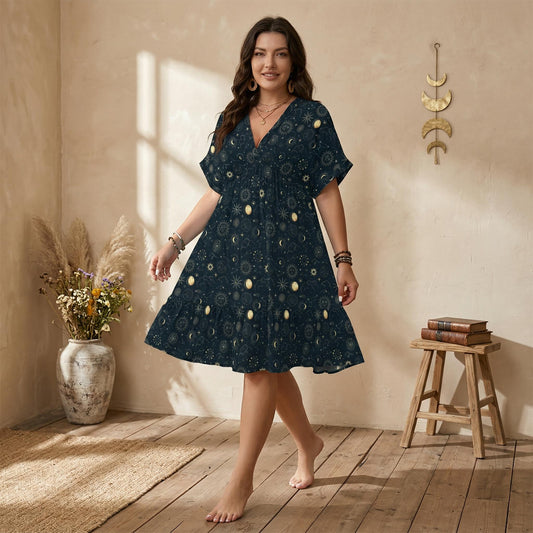 Celestial Sun Moon Babydoll Mini Dress, Navy Boho Astrology Print
