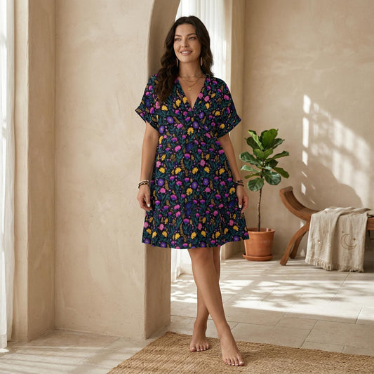 Boho Floral Midi Dress, Cottagecore V Neck Summer Vacation Dress
