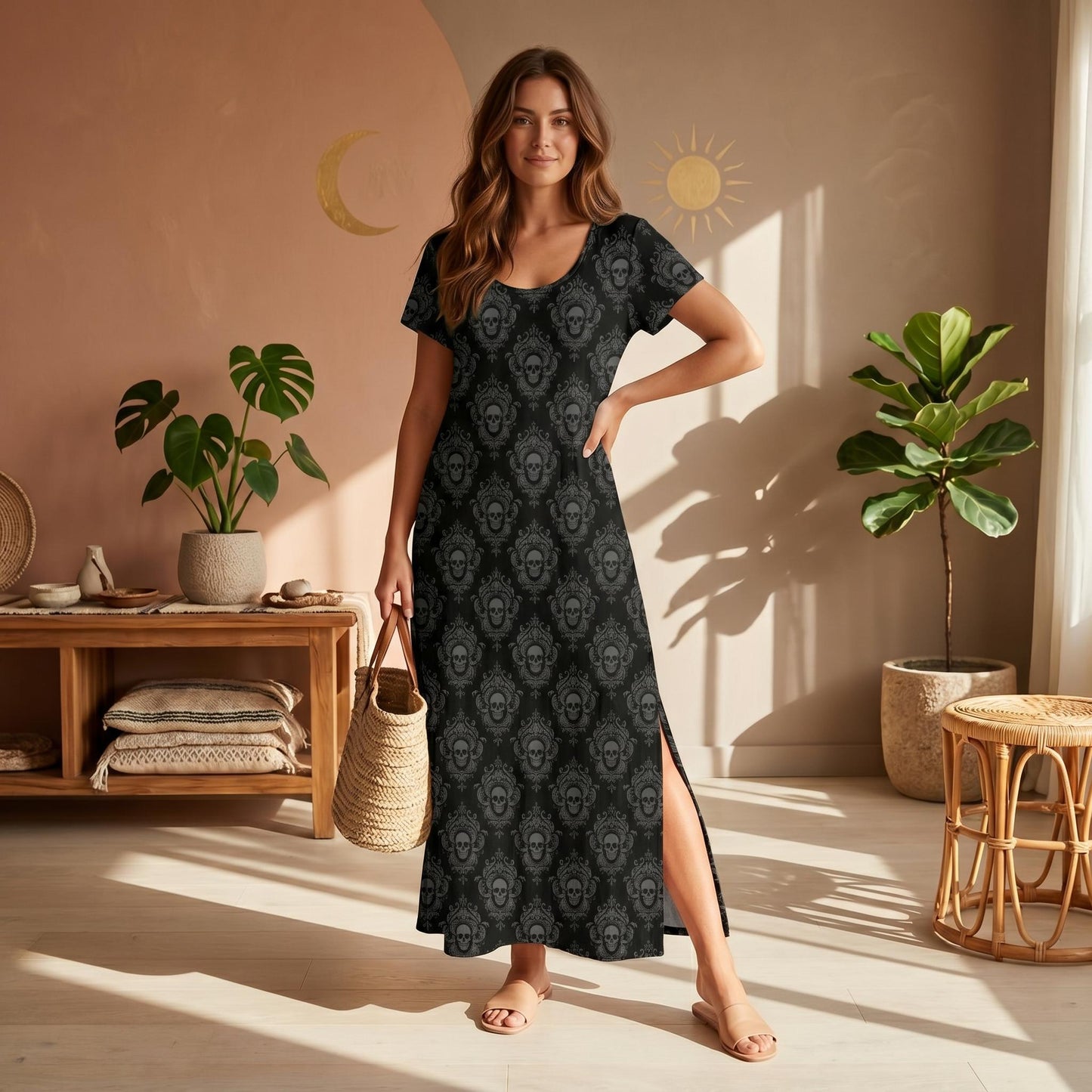 Gothic Skull Print Maxi Dress, Black Ornate Damask, Short Sleeve Side Slit