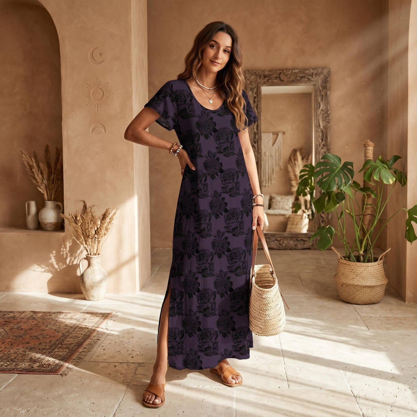 Dark Floral Maxi Dress, Black Rose Print, Gothic Boho Vacation Outfit