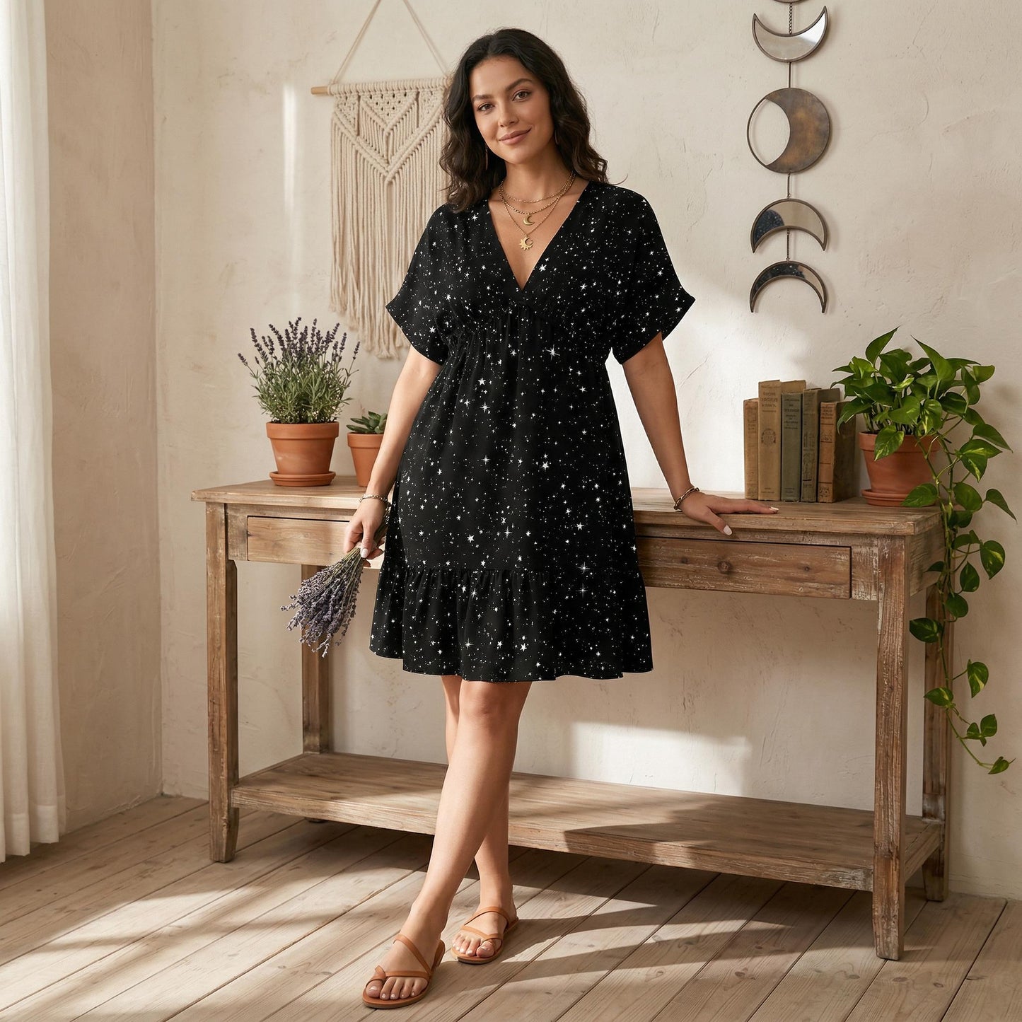 Black Star Print Babydoll Mini Dress, Celestial Boho Summer Outfit