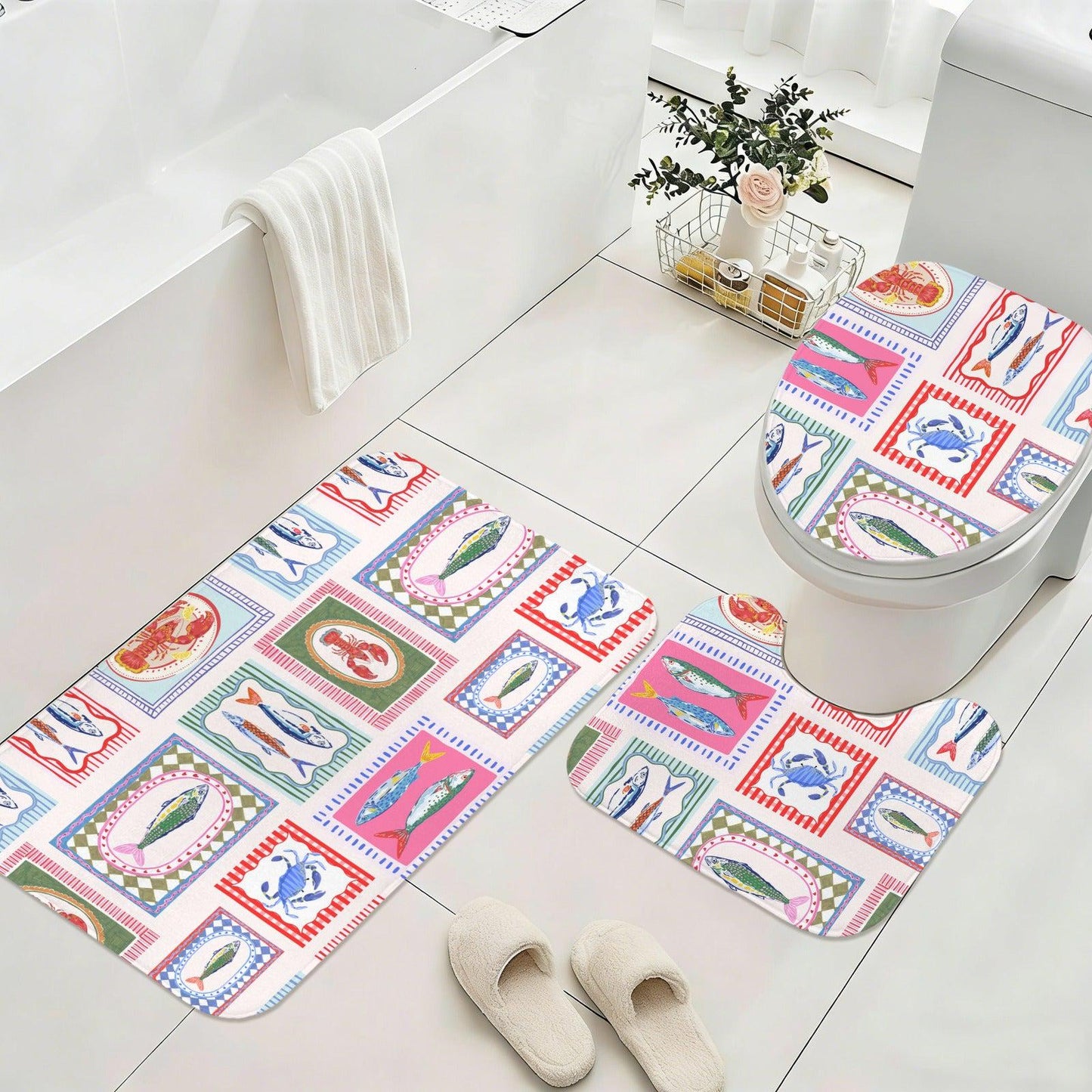 Sardine Lobster Fish Shower Curtain, Coastal Seafood Bathroom Decor