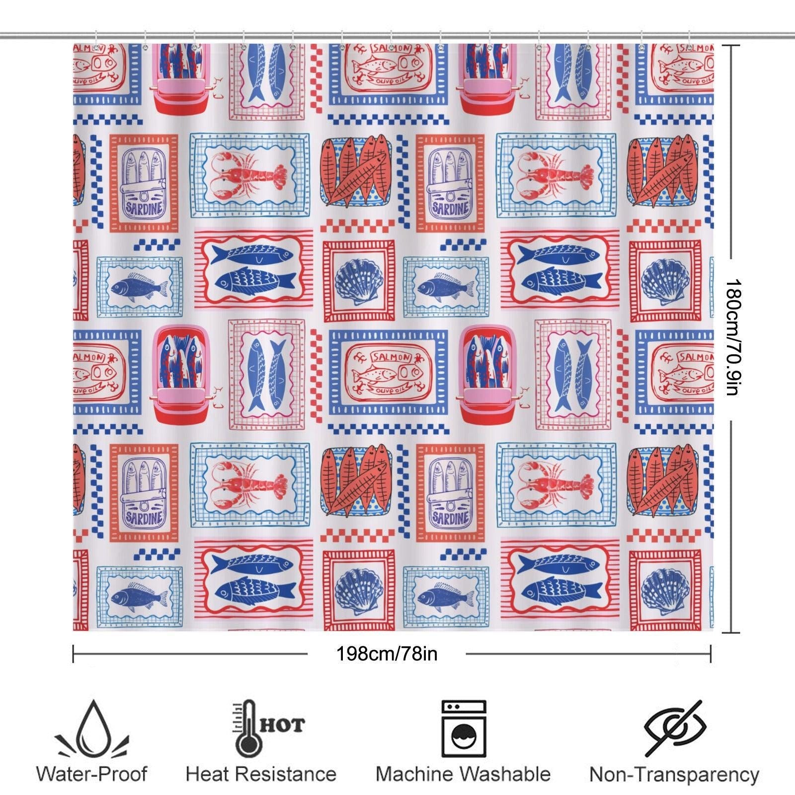 Tinned Fish Bath Mat Set, Retro Seafood Print, Red Blue Toilet Rug, Maximalist Decor