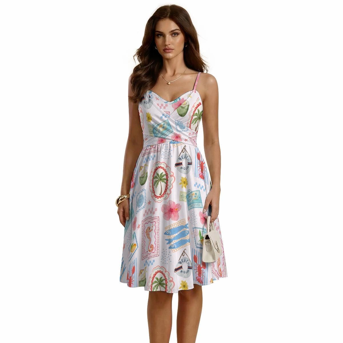 Coastal Sundress, Sweetheart Neckline, Travel Postcard Print, Beach Vacation Outfit