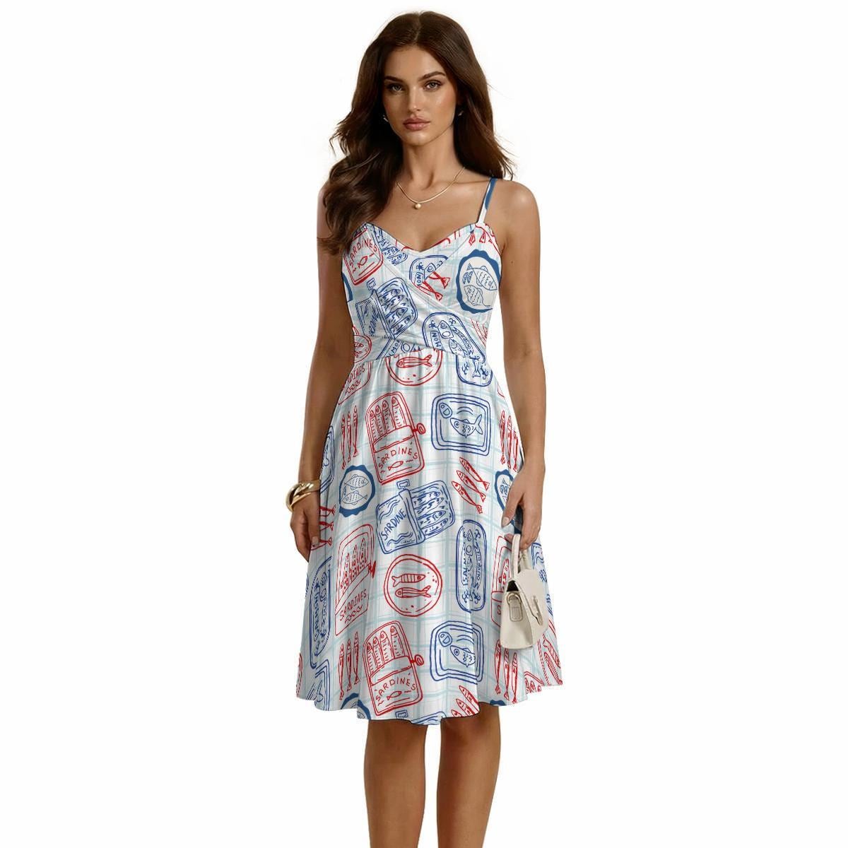 Sardine Print A-Line Sundress, Nautical Coastal Vacation Dress