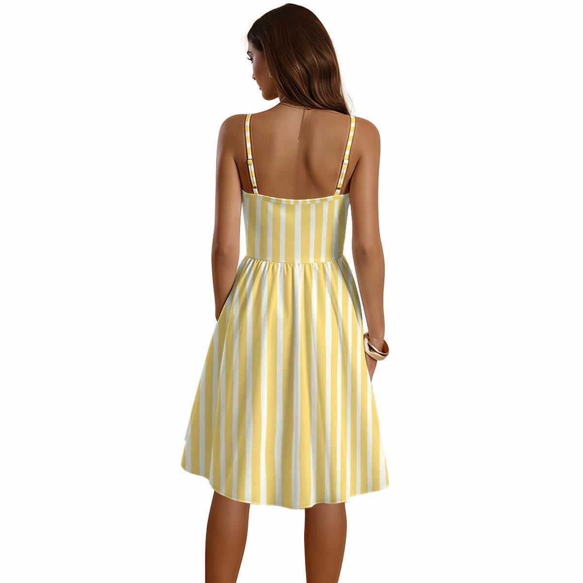 Yellow Striped Sundress, Sweetheart Neckline, A-Line Summer Vacation Dress