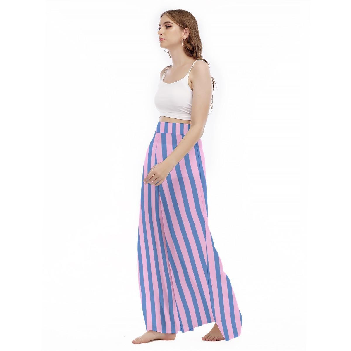 Pink Blue Striped Wide Leg Pants, Pastel High Waist Trousers, Summer Vacation Fashion