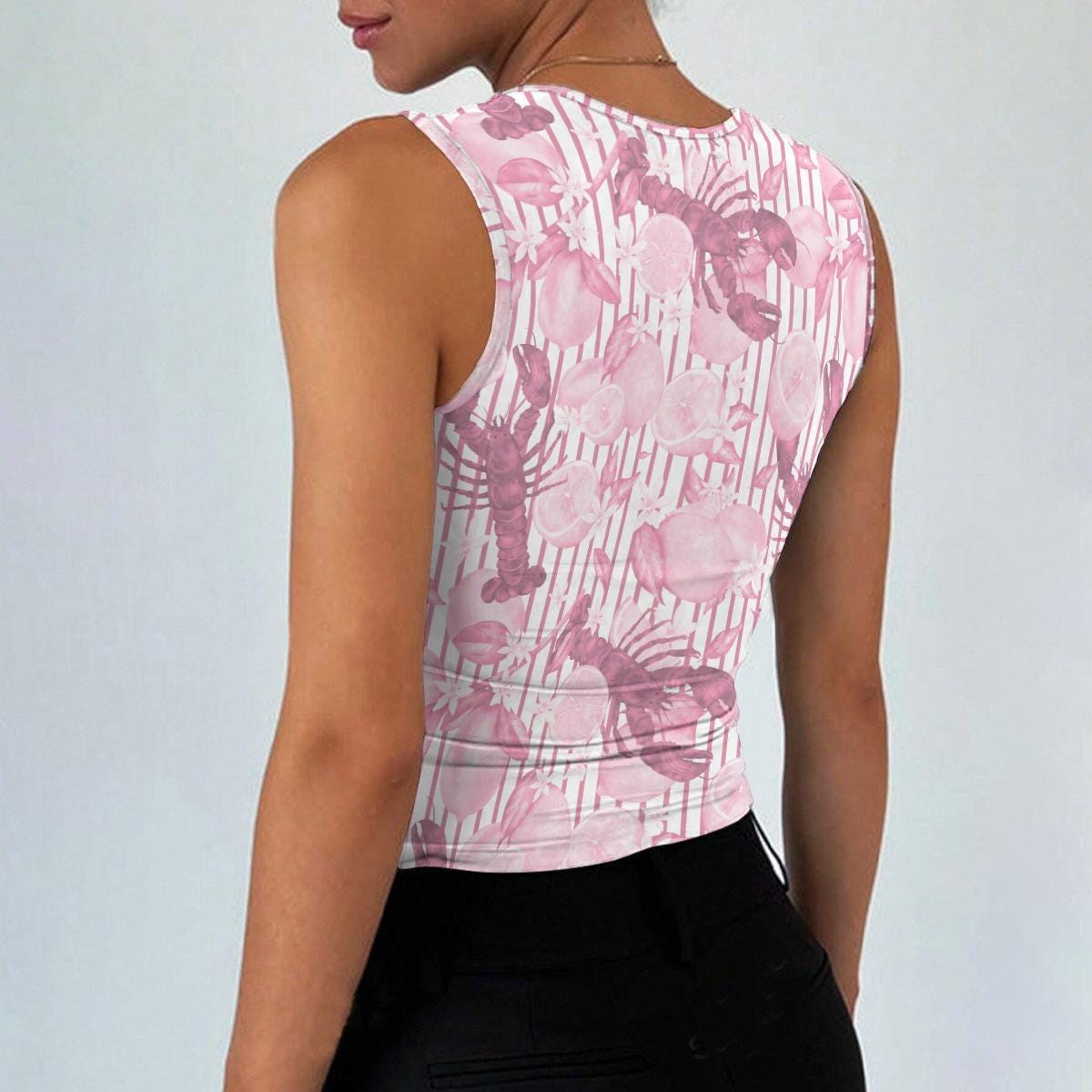 Pink Lobster Crop Tank Top, Coastal Square Neck Summer Shirt