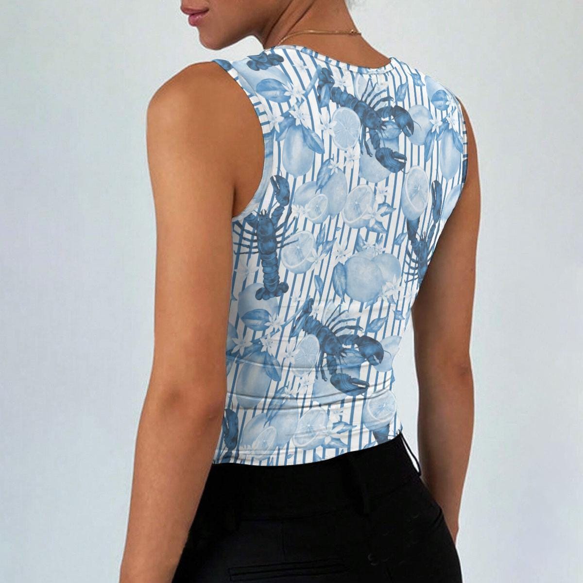 Blue Lobster Floral Crop Top, Square Neck Coastal Summer Tank, Resort Wear Cami